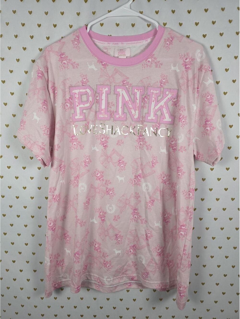 Victorias Secret PINK LOVESHACKFANCY Floral Campus Tee MEDIUM Logo Bows